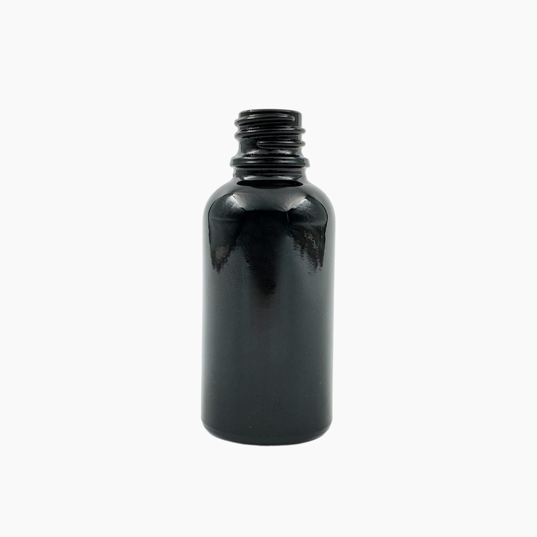 Black 30ml glass bottle standing upright on white background
