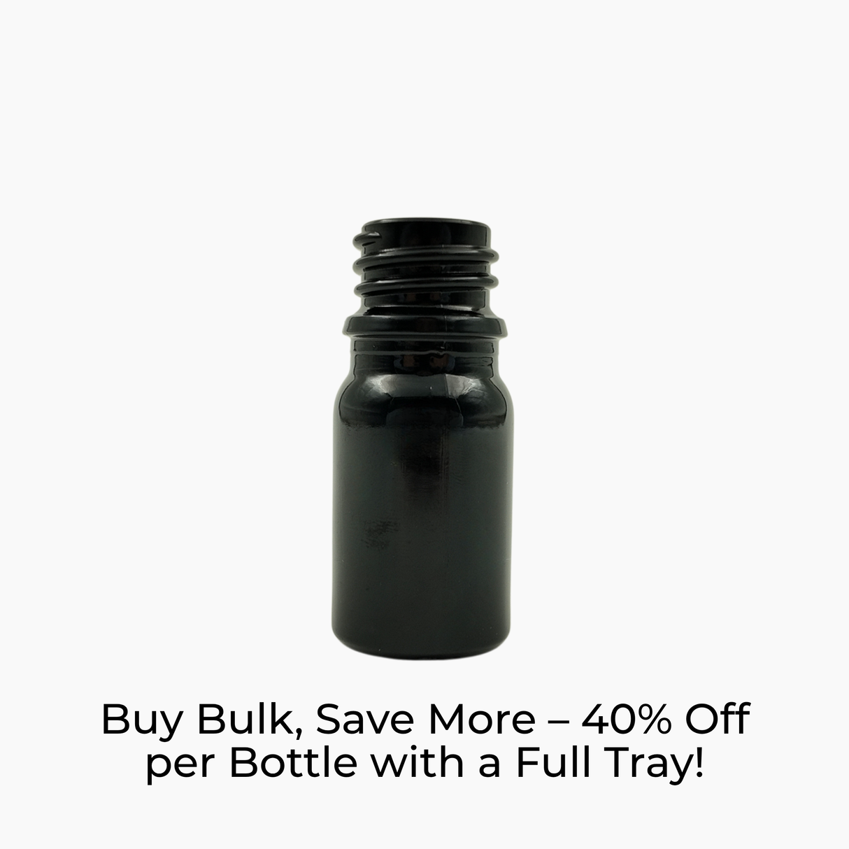 lack 5ml glass dropper bottle on white background with promotional text