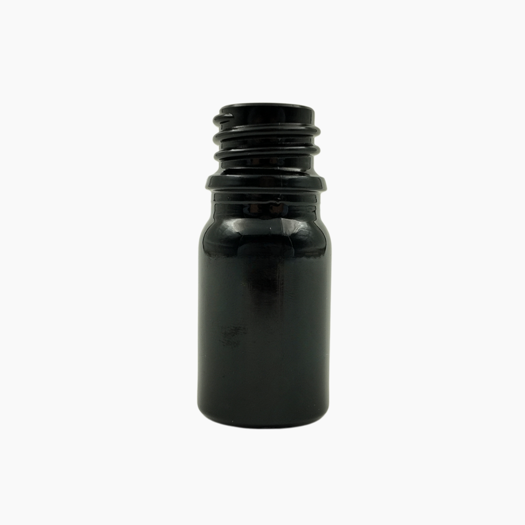 Black 5ml glass bottle standing upright on white background