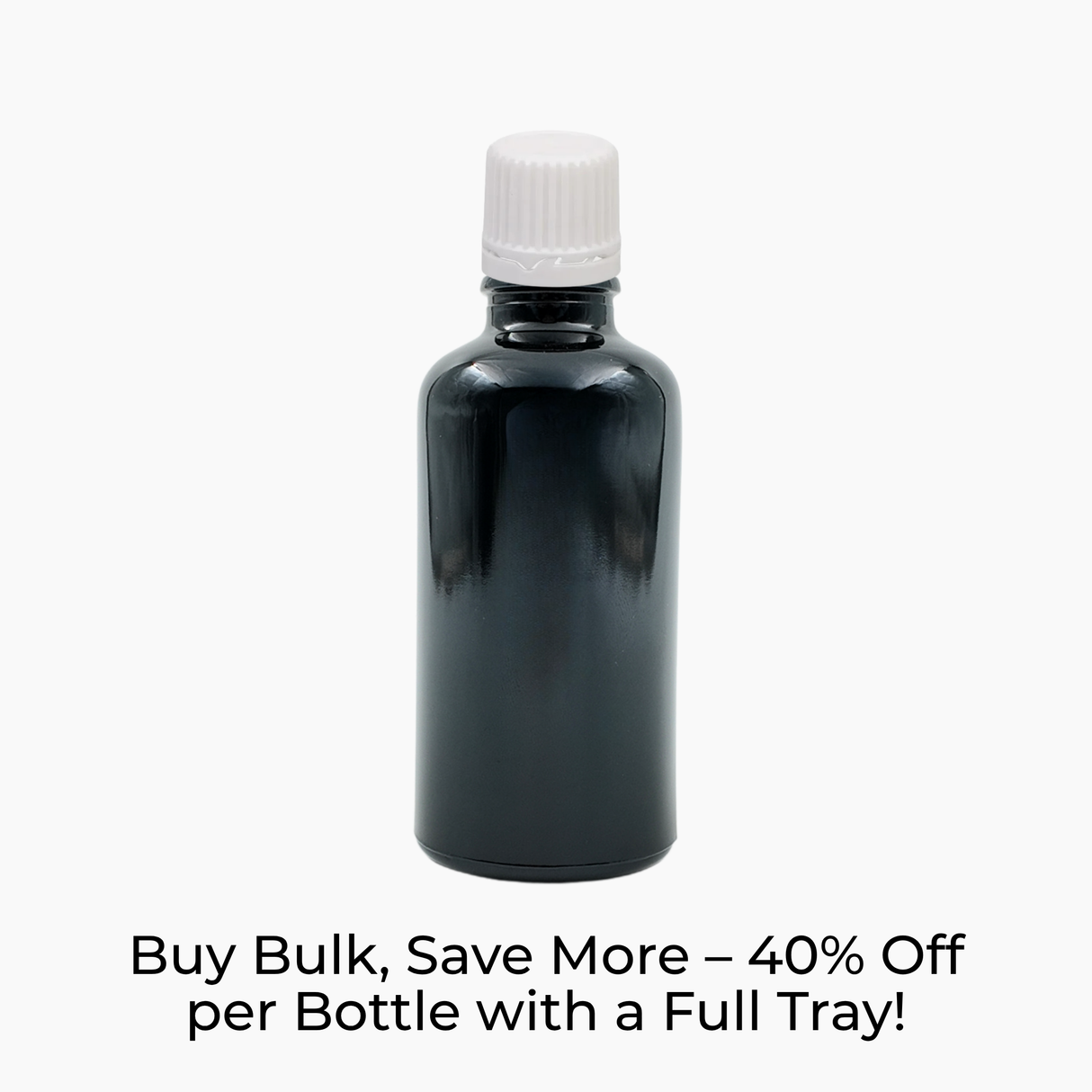 Black 50ml glass bottle with white tamper-evident dropper cap on white background