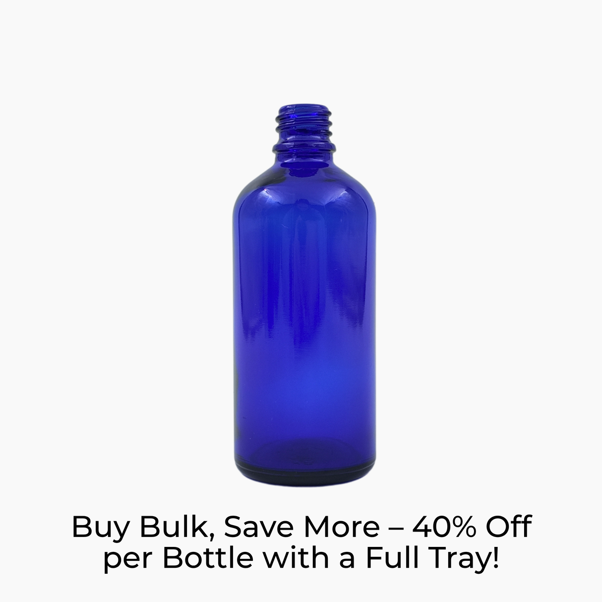 Blue 100ml glass dropper bottle on white background with label text