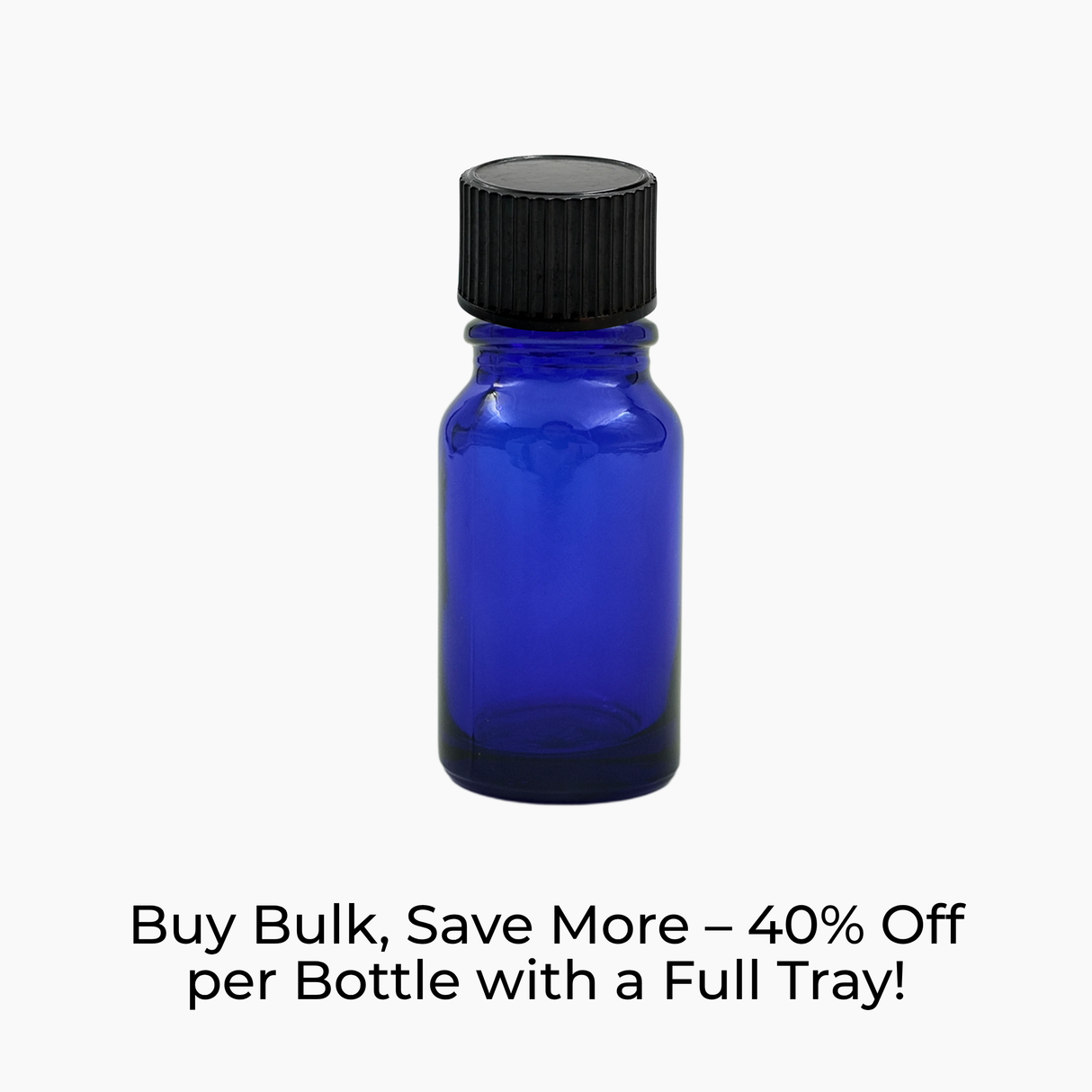 Blue 10ml glass bottle with black tamper-evident dropper cap on white background