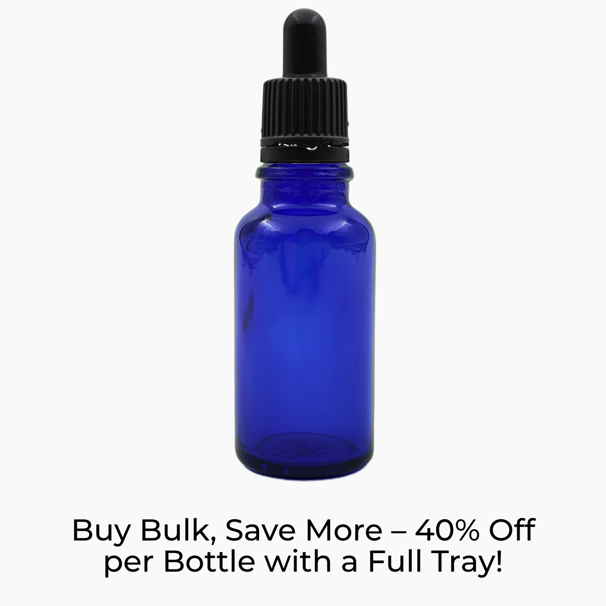 Blue 20ml glass bottle with black pipette dropper on white background