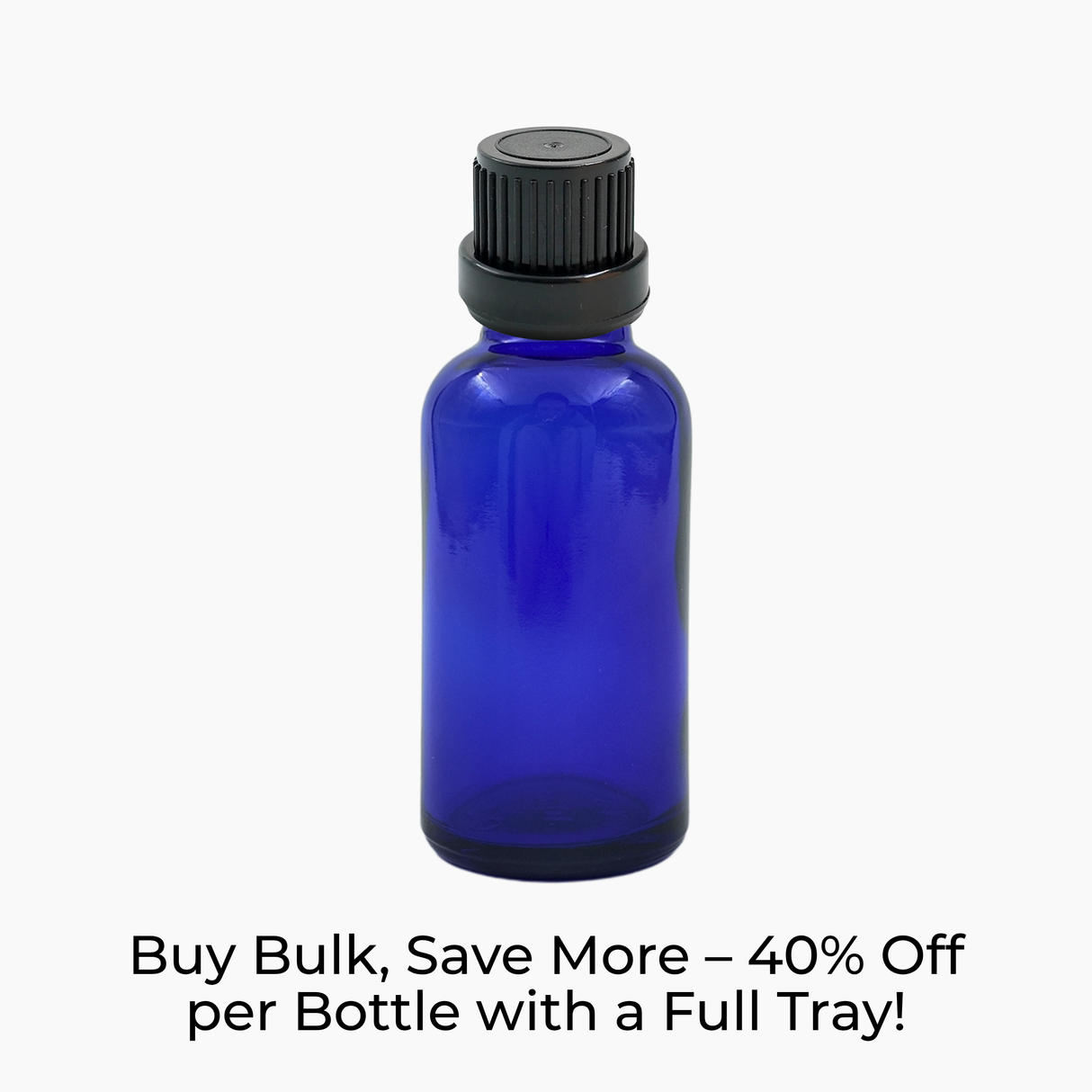 Blue 30ml glass bottle with black mushroom dropper cap on white background