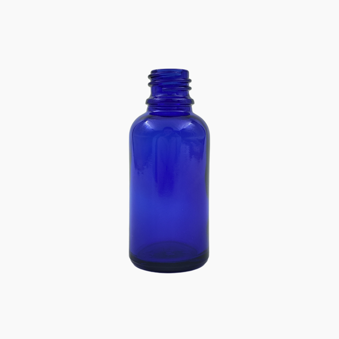 Blue 30ml glass bottle standing upright on white background