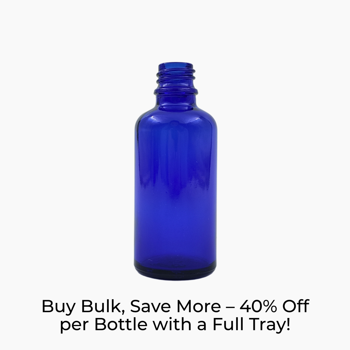Blue 50ml glass dropper bottle on white background with label text
