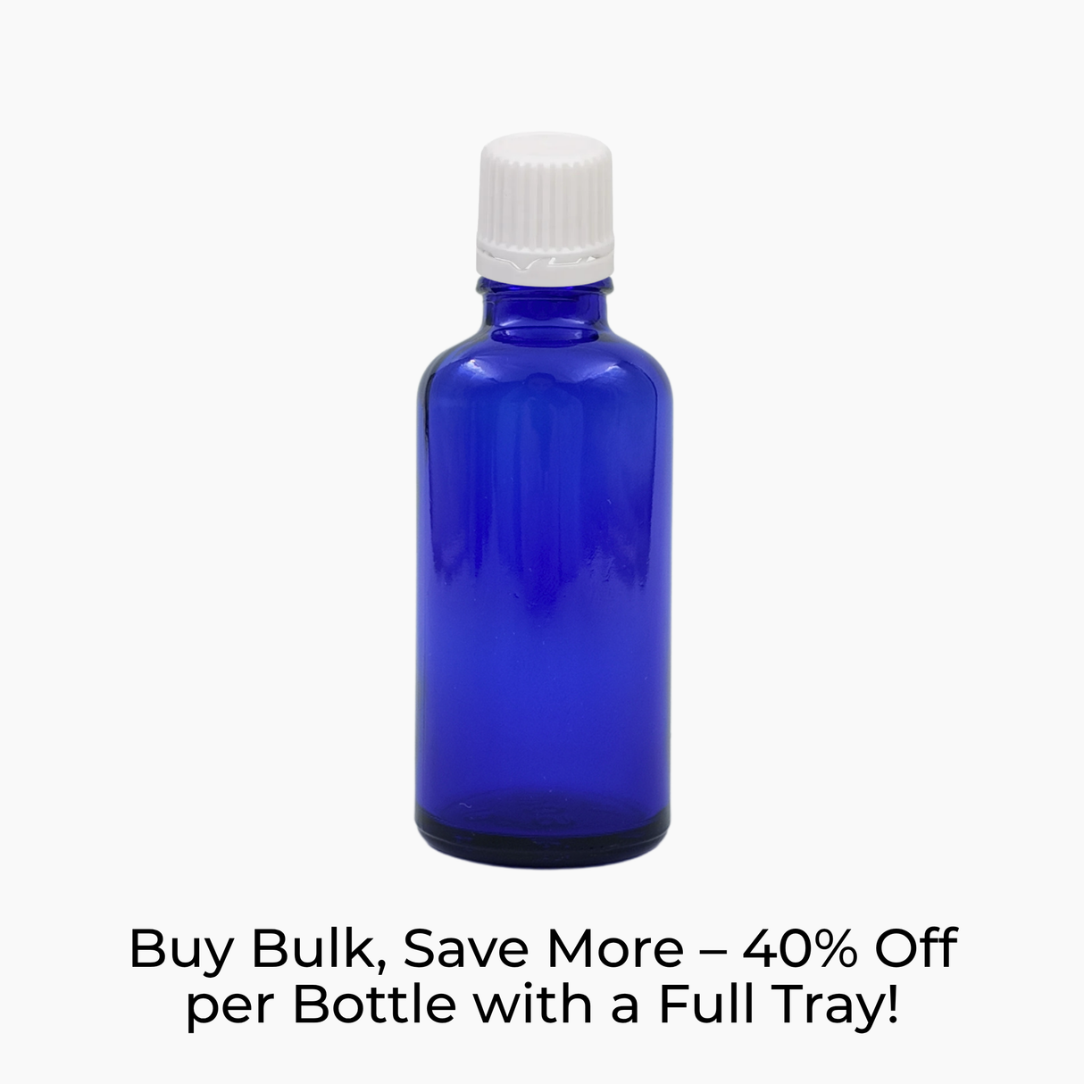 Blue 50ml glass bottle with white tamper-evident dropper cap on white background