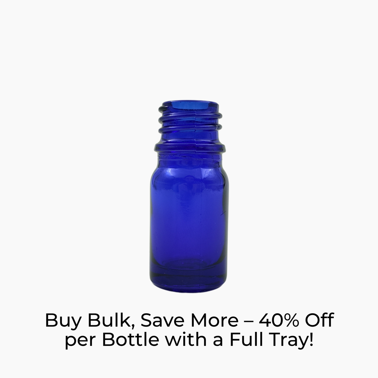 Blue 5ml glass dropper bottle on white background with promotional text