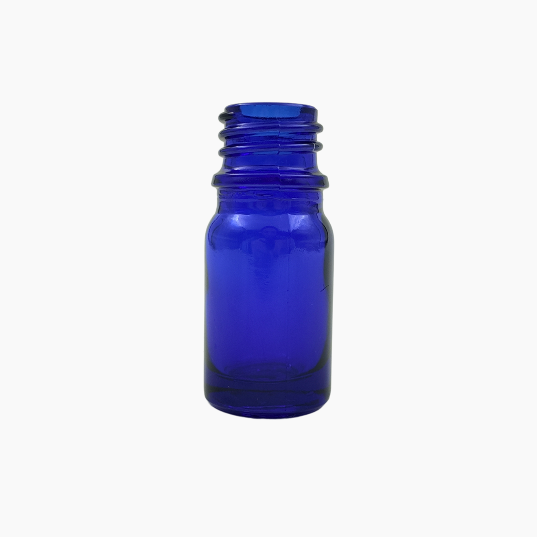 Blue 5ml glass bottle standing upright on white background
