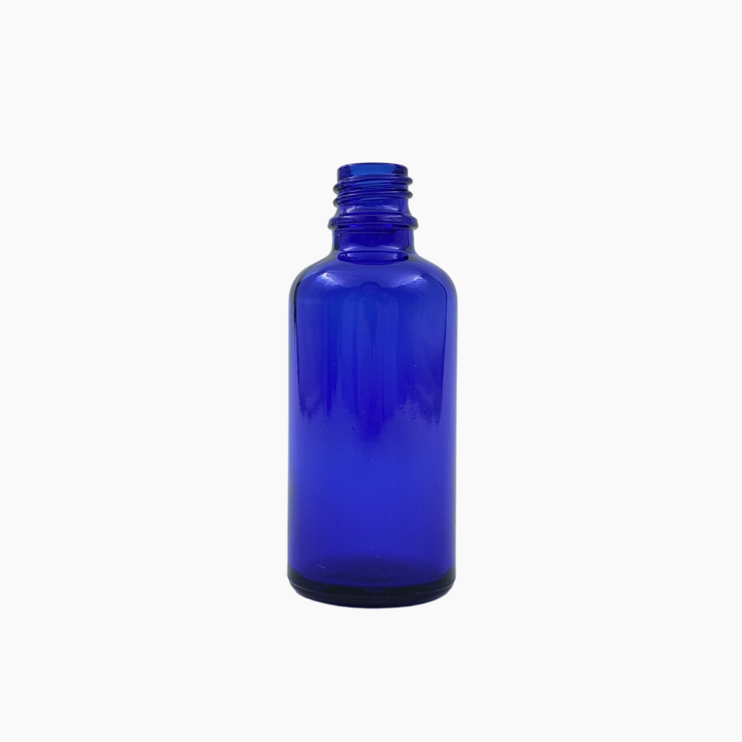 Blue 50ml glass bottle standing upright on white background