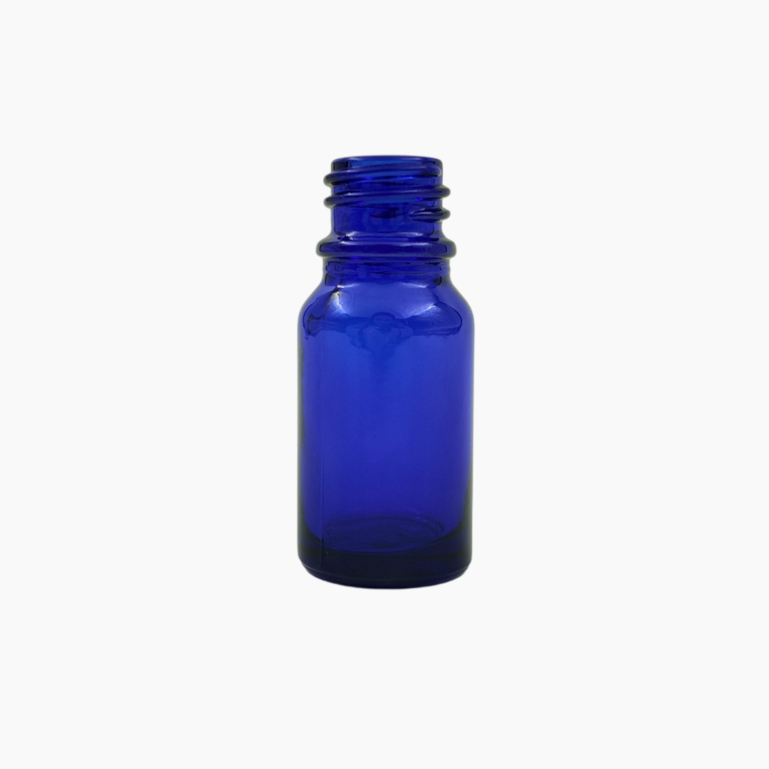 Blue 10ml glass bottle upright on white background