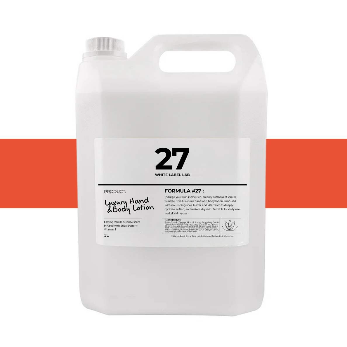 Brightpack Vanilla Sundae Luxury Hand and Body Lotion #27 in a 5L jerry can with labelled product information