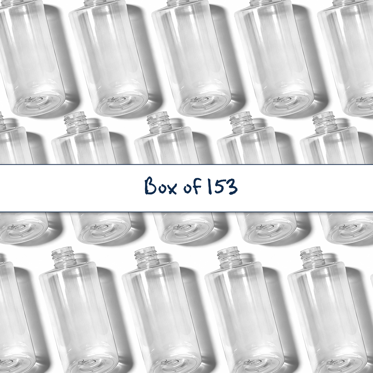 Pattern of clear cylindrical bottles with a 'Box of 153' text overlay on a white background.