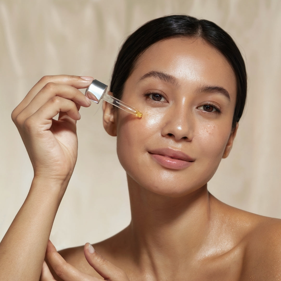 Woman applying pure castor oil to skin for hydration and nourishment, hexane-free cold-pressed formula.