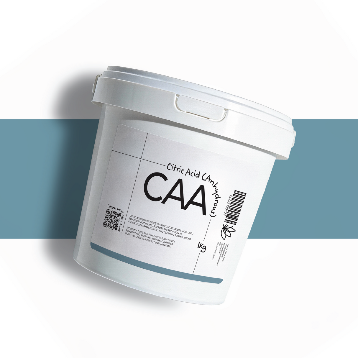 1Kg Citric Acid Anhydrous powder in container, cosmetic and food grade ingredient for pH adjustment, preservation, and formulation use