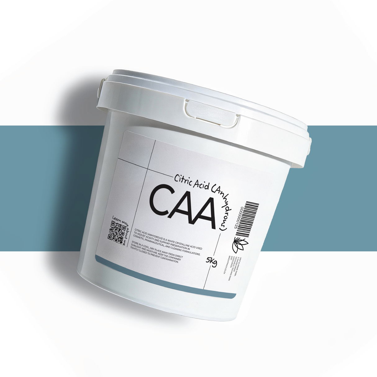 5Kg Citric Acid Anhydrous powder in container, cosmetic and food grade ingredient for pH adjustment, preservation, and formulation use