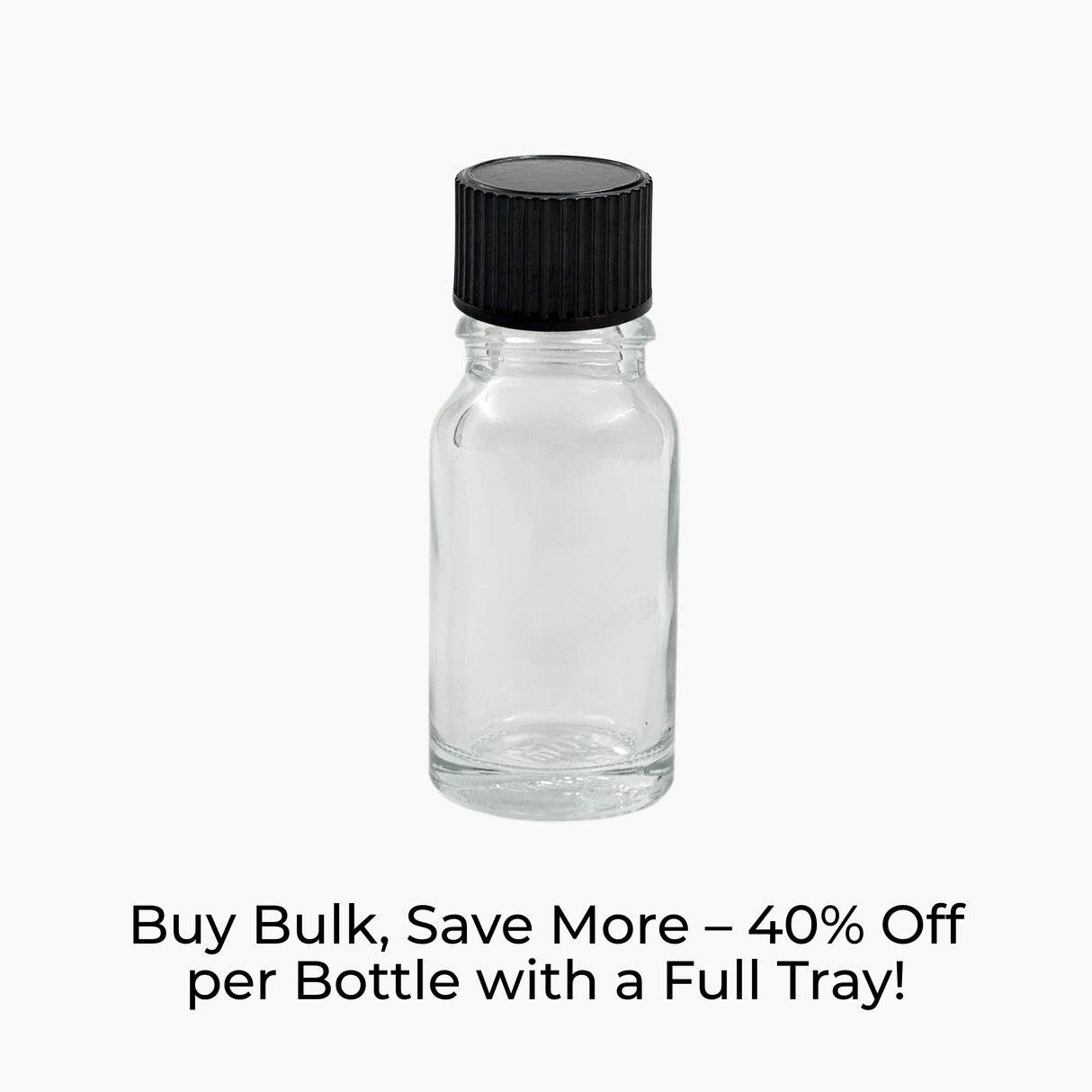Clear 10ml glass bottle with black tamper-evident dropper cap on white background