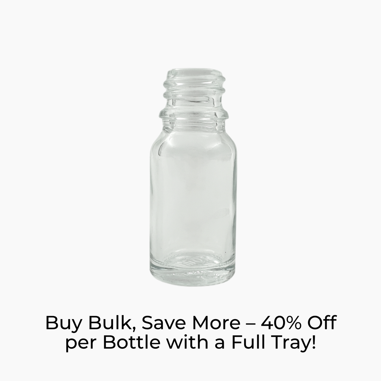 Clear 10ml glass dropper bottle on white background with label text