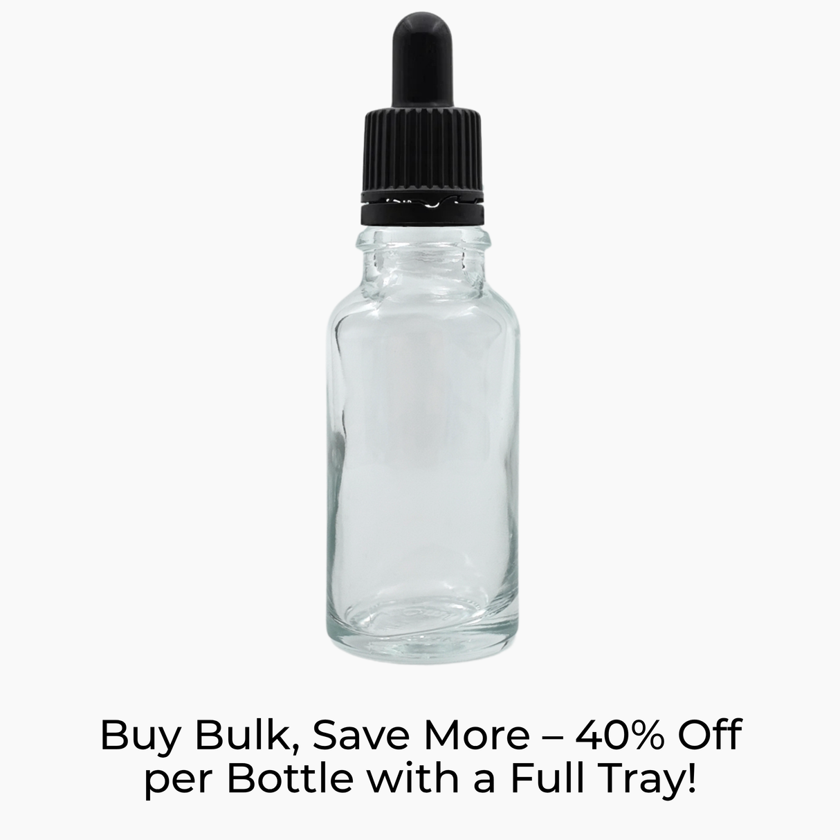 Clear 20ml glass bottle with black pipette dropper on white background