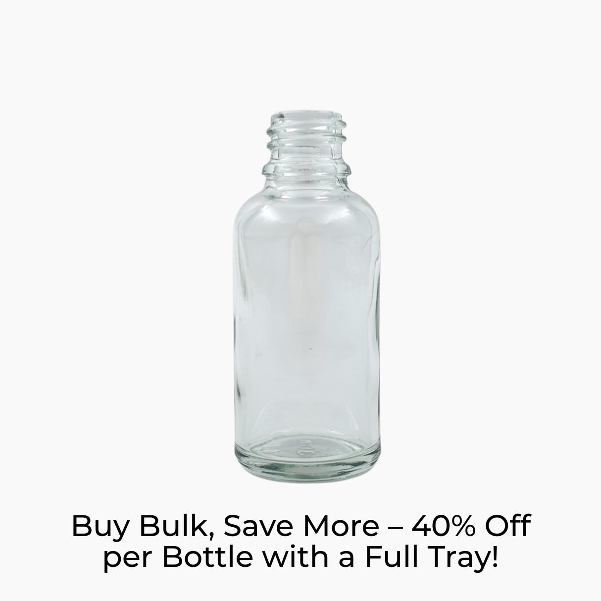 Clear 30ml glass dropper bottle on white background with label text