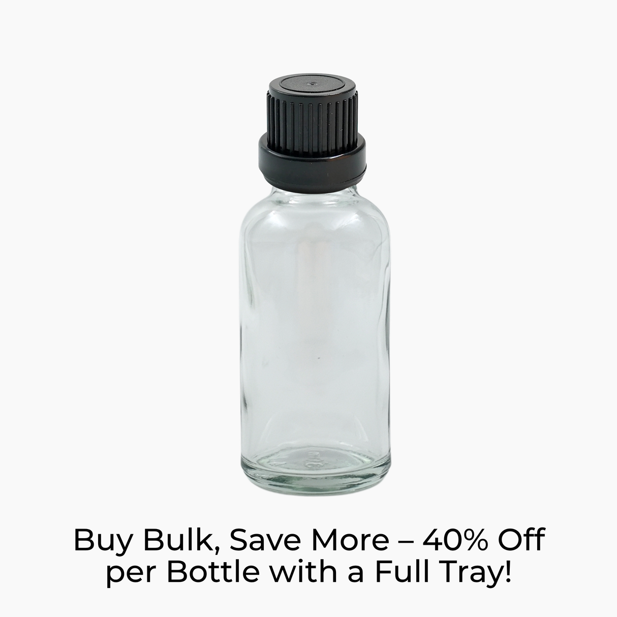 Clear 30ml glass bottle with black mushroom dropper cap on white background