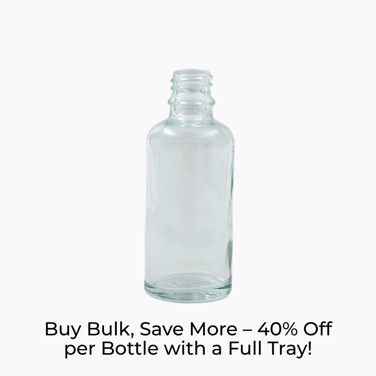 Clear 50ml glass dropper bottle on white background with label text