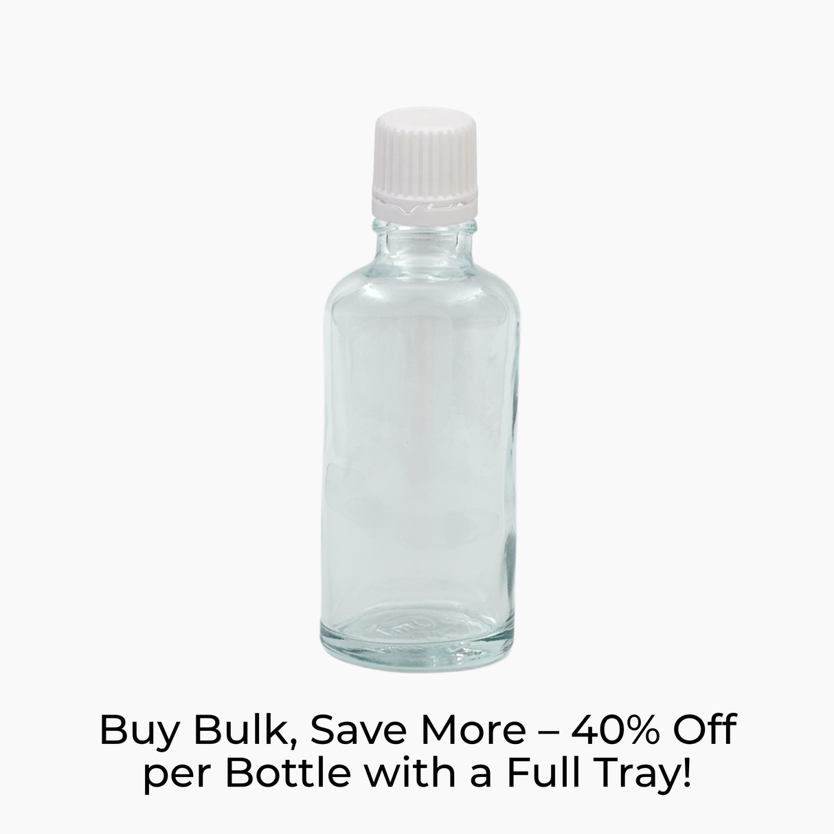 Clear 50ml glass bottle with white tamper-evident dropper cap on white background