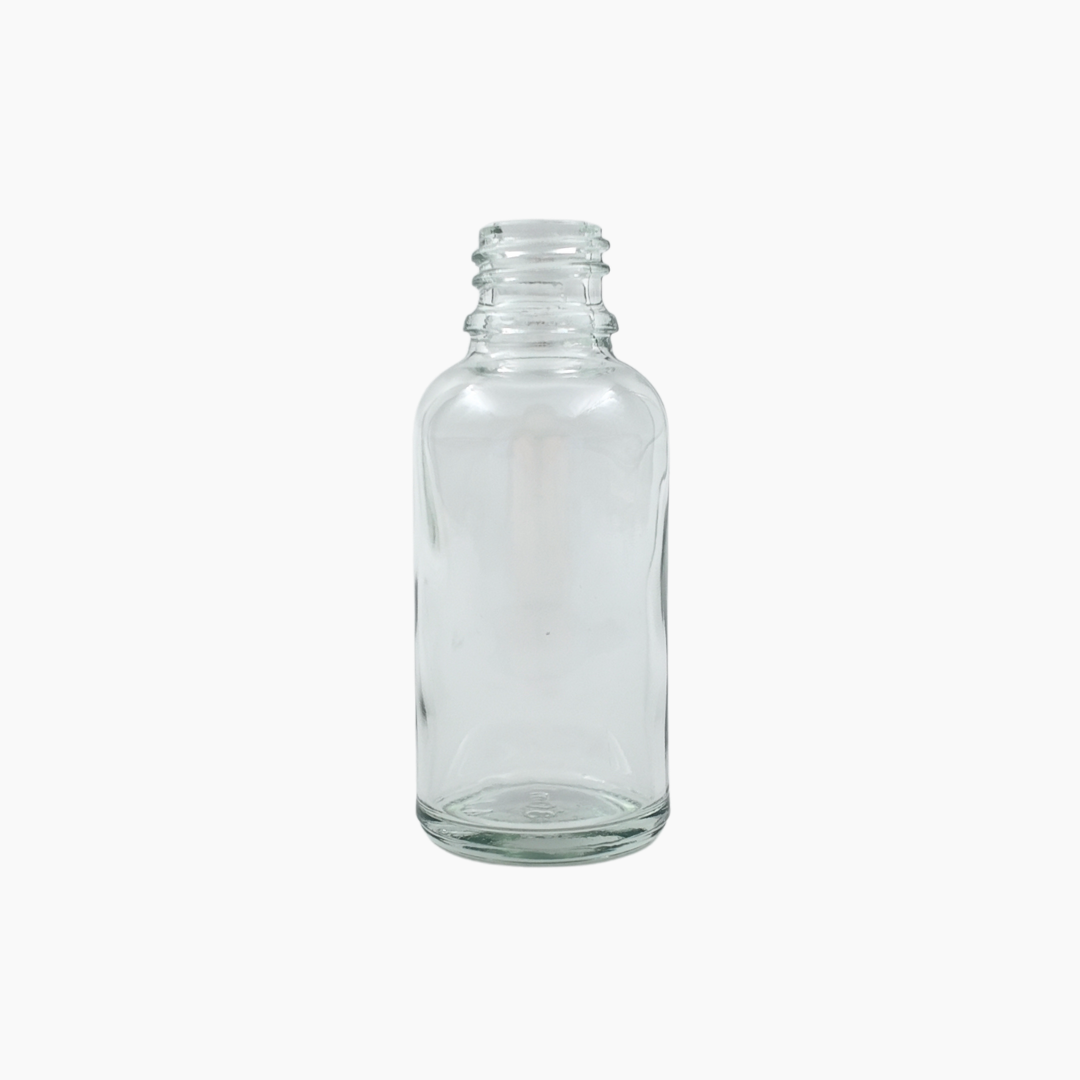 Clear 30ml glass bottle standing upright on white background