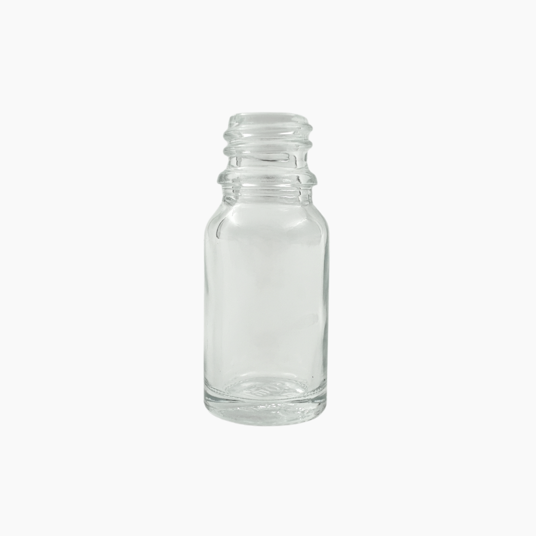 Clear 10ml glass bottle standing upright on white background