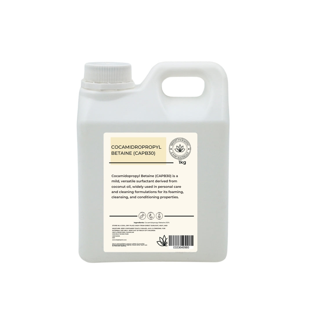 Bottle of Cocamidopropyl Betaine CAPB30 surfactant 1kg jerry can container.