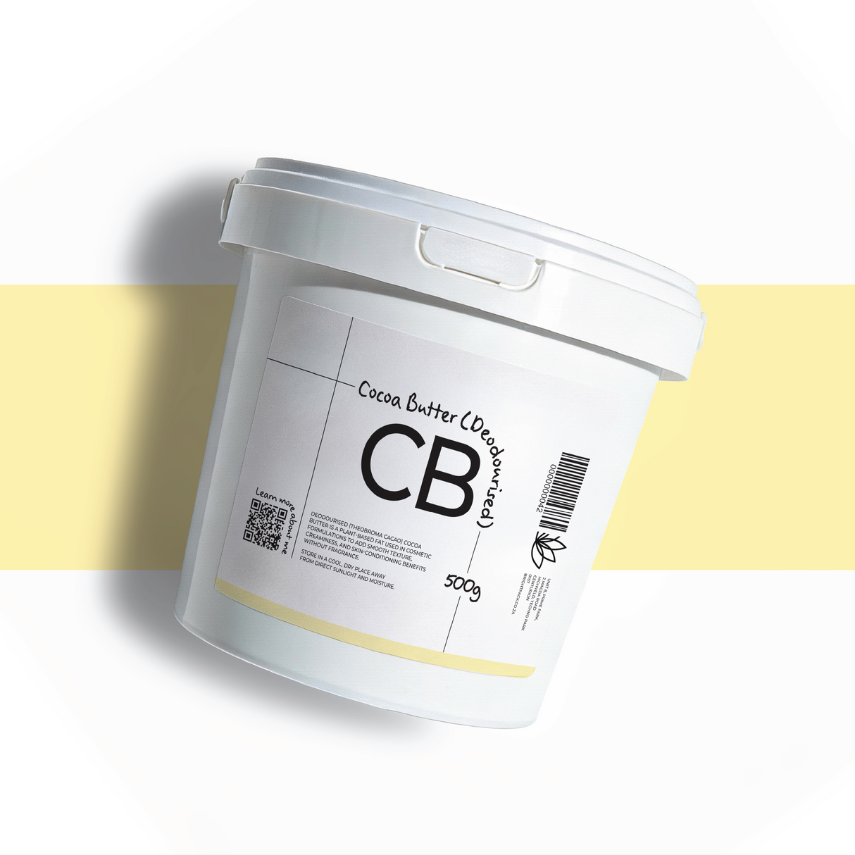 500g Deodorised Cocoa Butter for skincare and cosmetics, odourless plant-based butter that provides structure, hydration, and smooth emollience in formulations