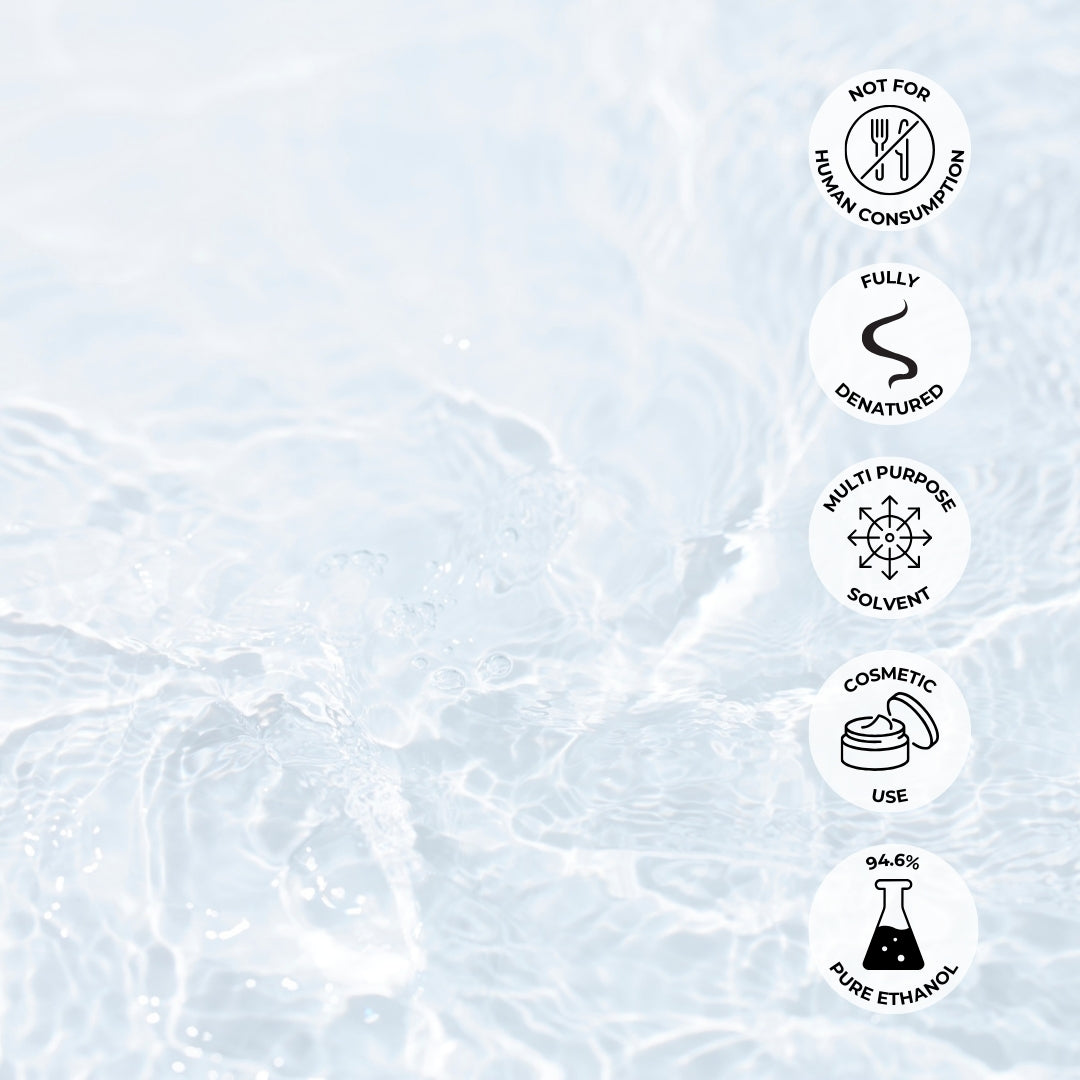 Icons and text about ethanol on ethanol close up background, not for consumption, fully denatured, multi purpose solvent, cosmetic use