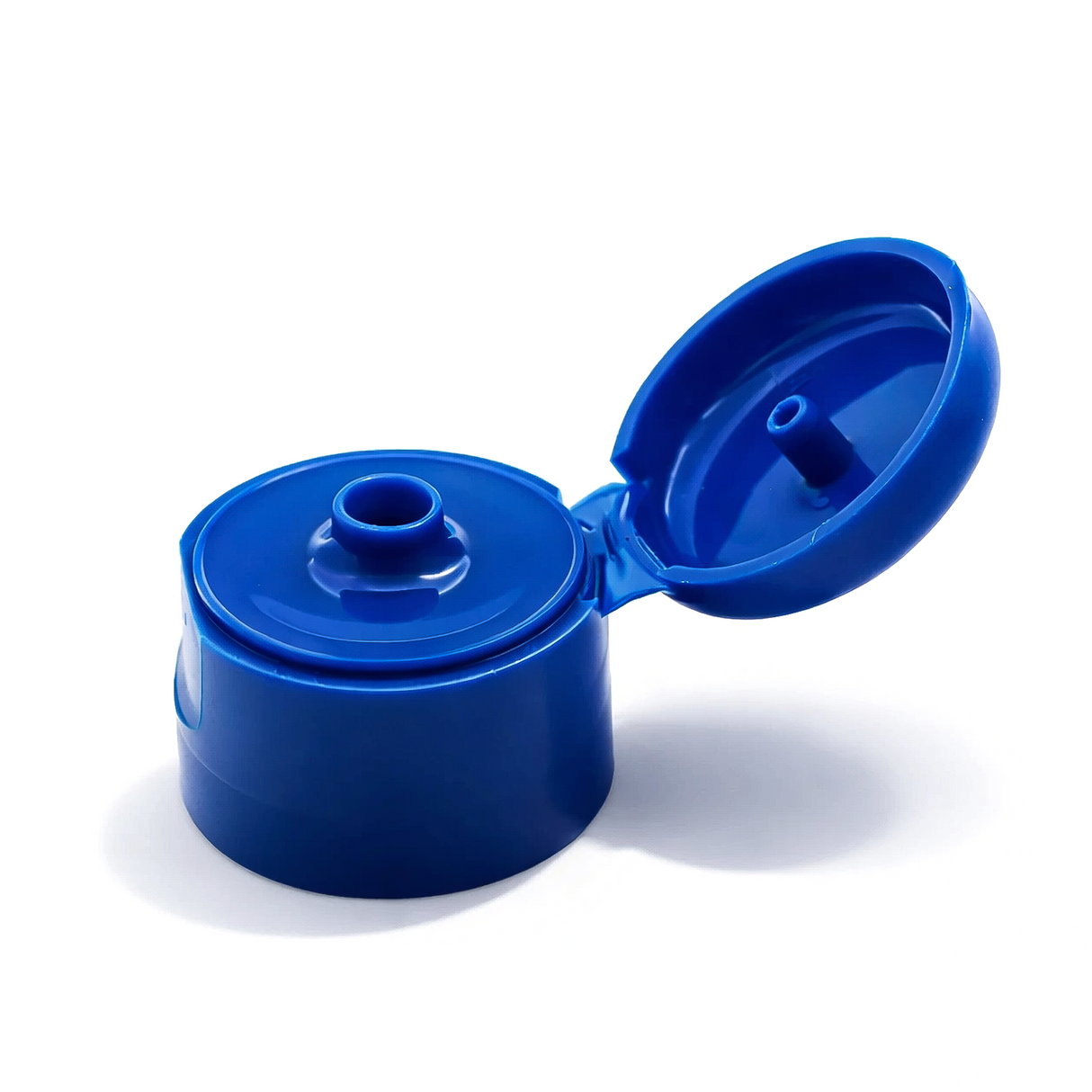 Blue flip top caps for cosmetic and personal care bottles, ideal for shampoos, lotions and liquid packaging