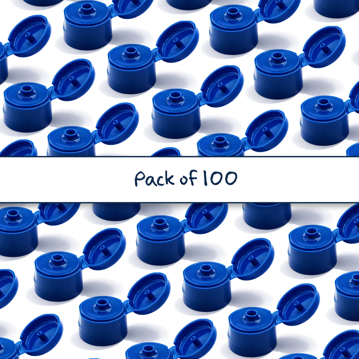Multiple blue flip top caps for cosmetic and personal care bottles, ideal for shampoos, lotions and liquid packaging