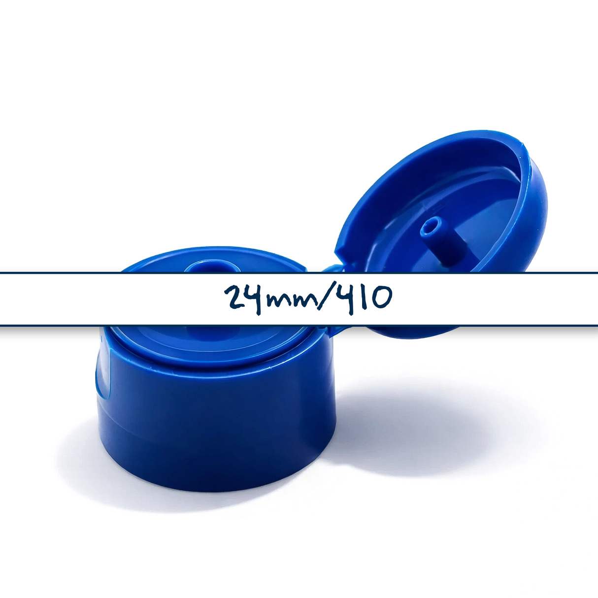 Blue flip top caps for cosmetic and personal care bottles, ideal for shampoos, lotions and liquid packaging