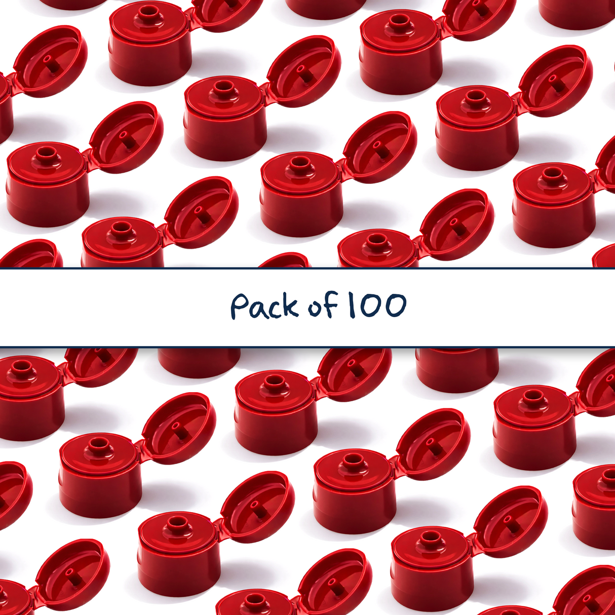 Red flip top caps for cosmetic and personal care bottles, ideal for shampoos, lotions and liquid packaging