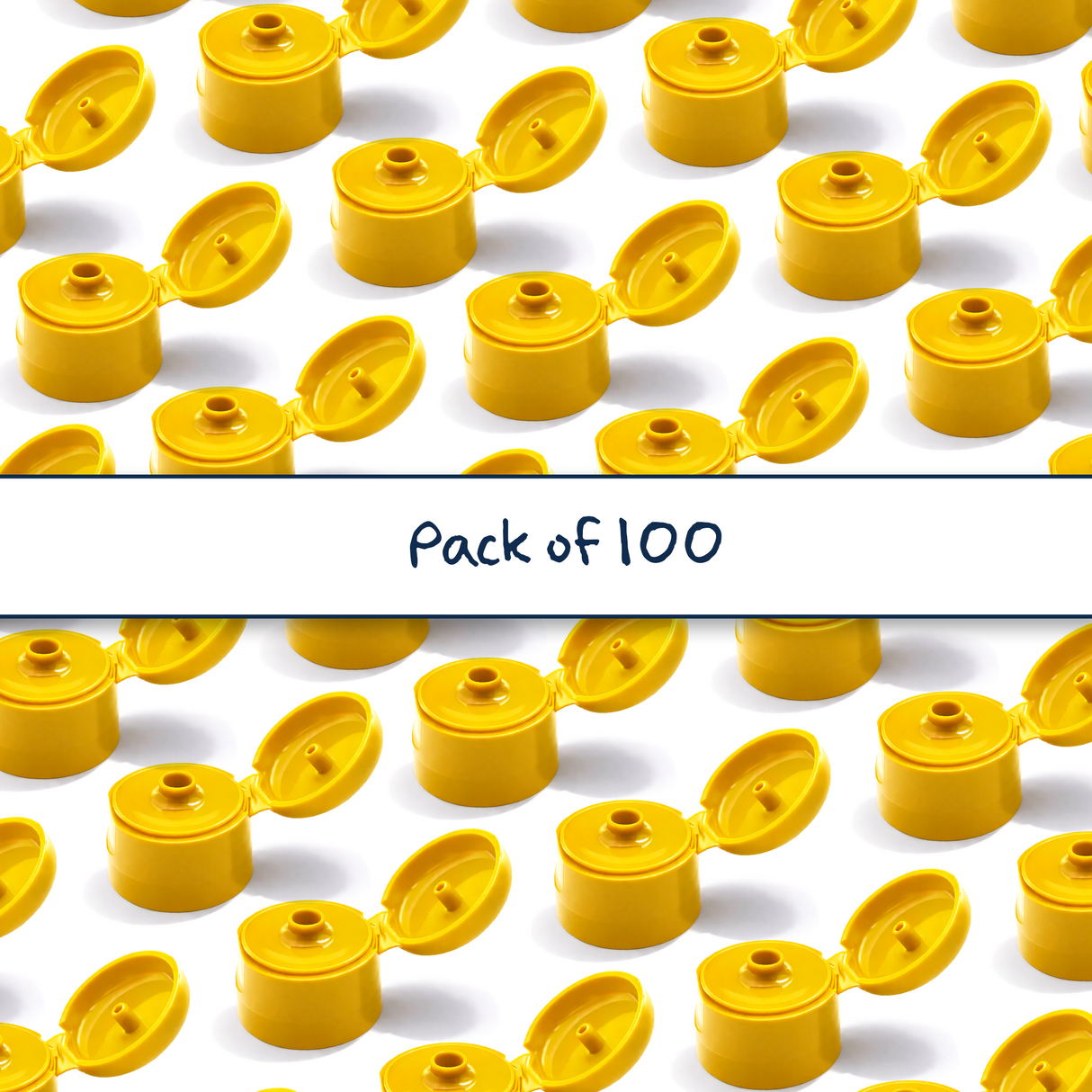 Multiple yellow flip top caps for cosmetic and personal care bottles, ideal for shampoos, lotions and liquid packaging