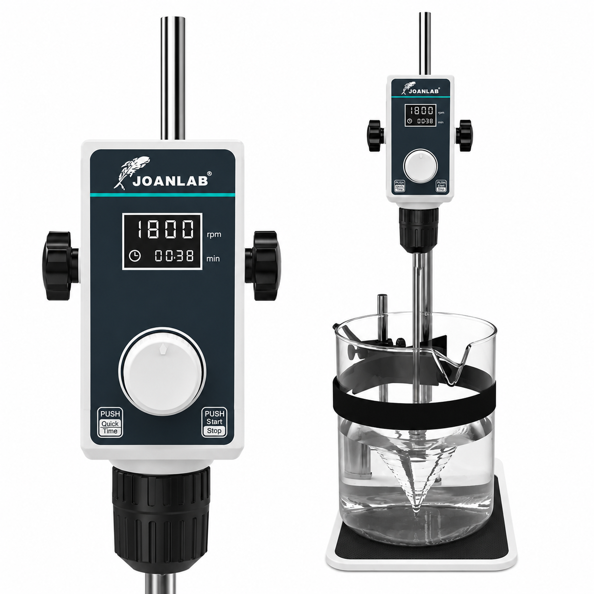 Close up front view of overhead stirrer and the machine in action