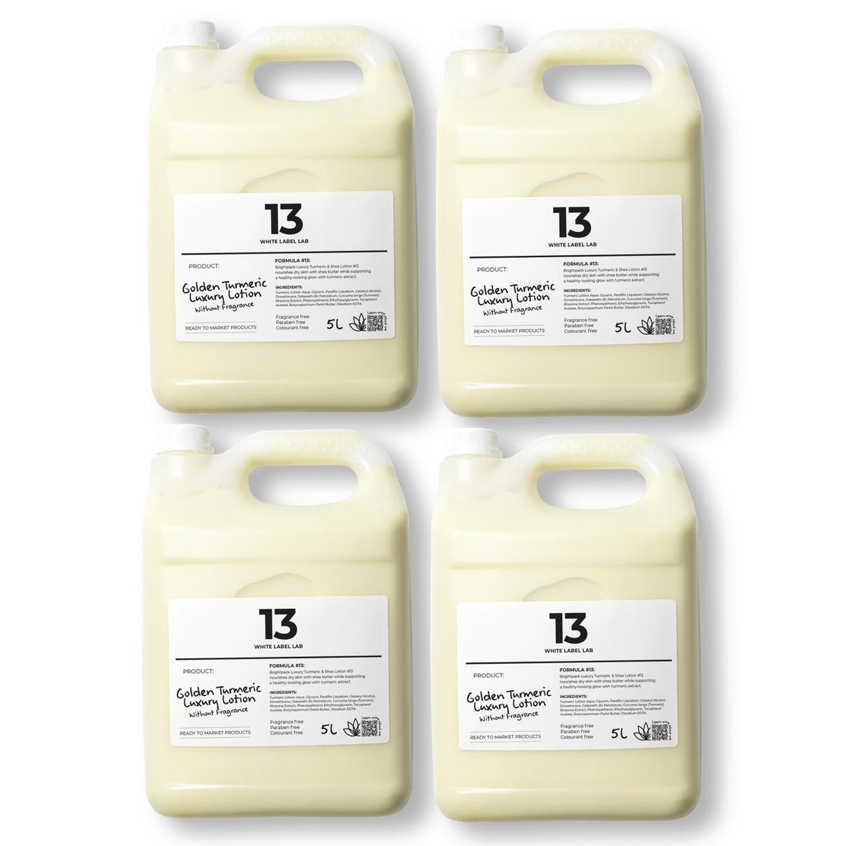 Four large containers of 'Golden Turmeric' laundry lotion with label number 13 on a white background.