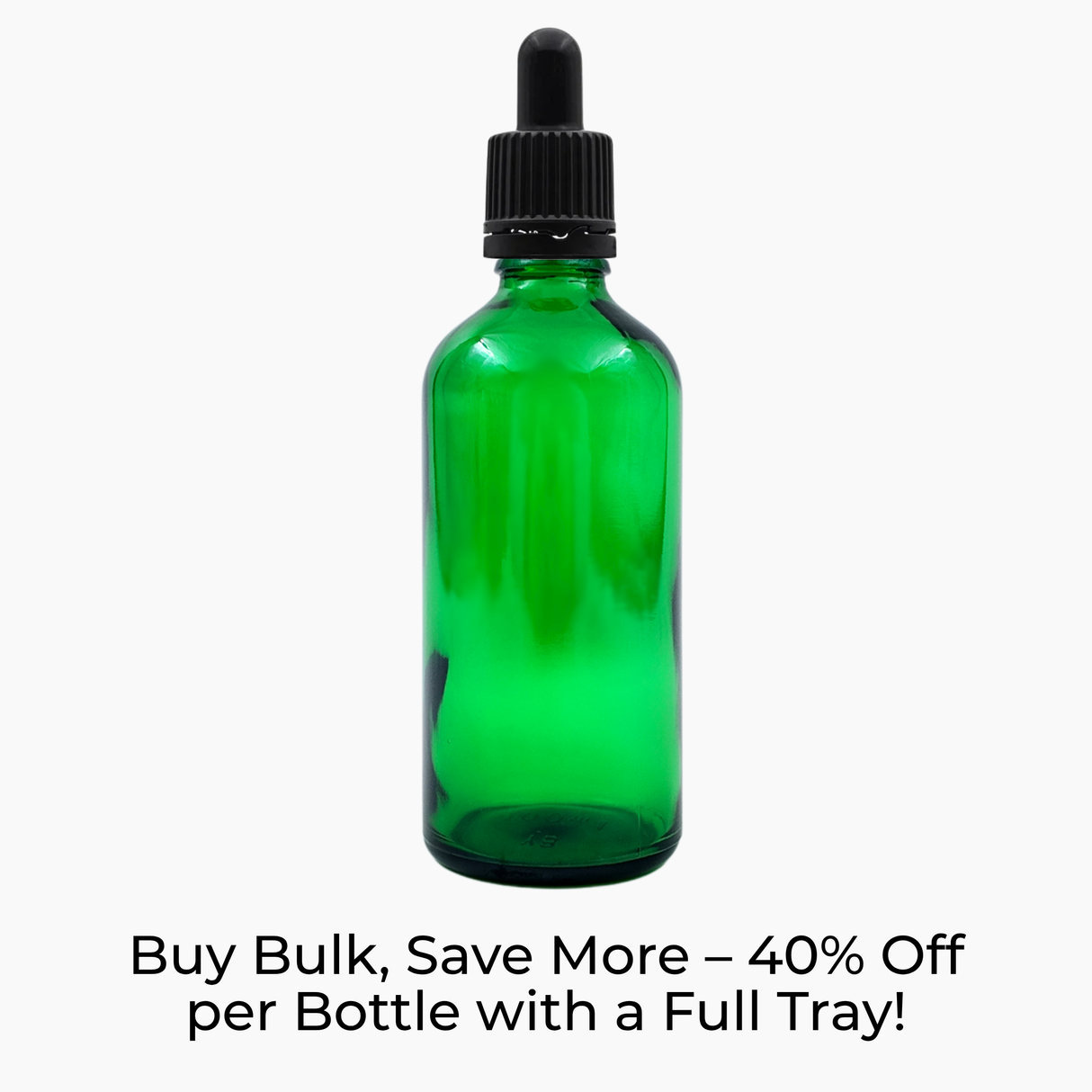 Green 100ml glass bottle with black pipette dropper on white background