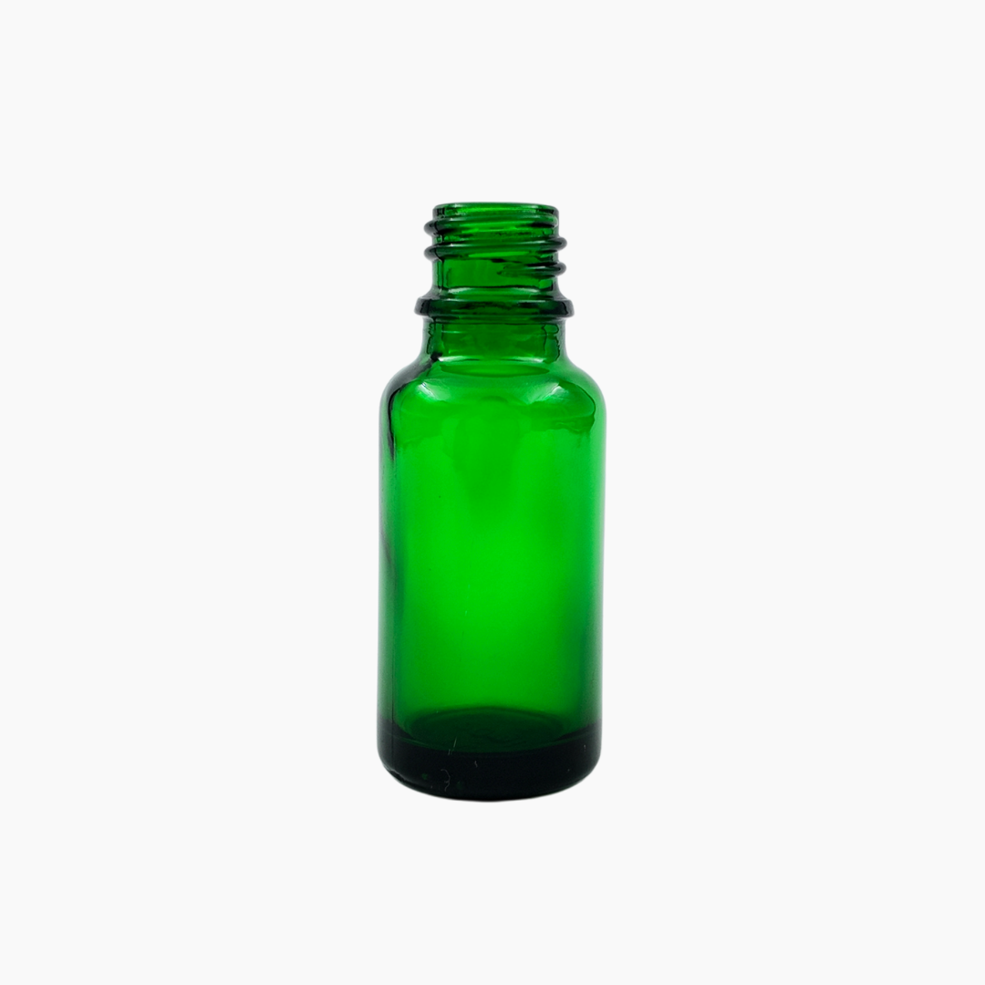 Green 20ml glass bottle standing upright on white background