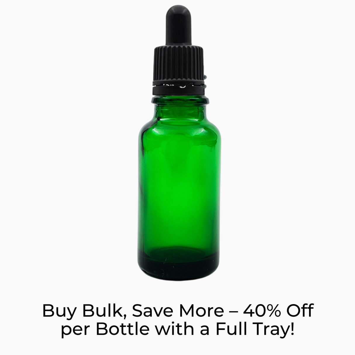 Green 20ml glass bottle with black pipette dropper on white background