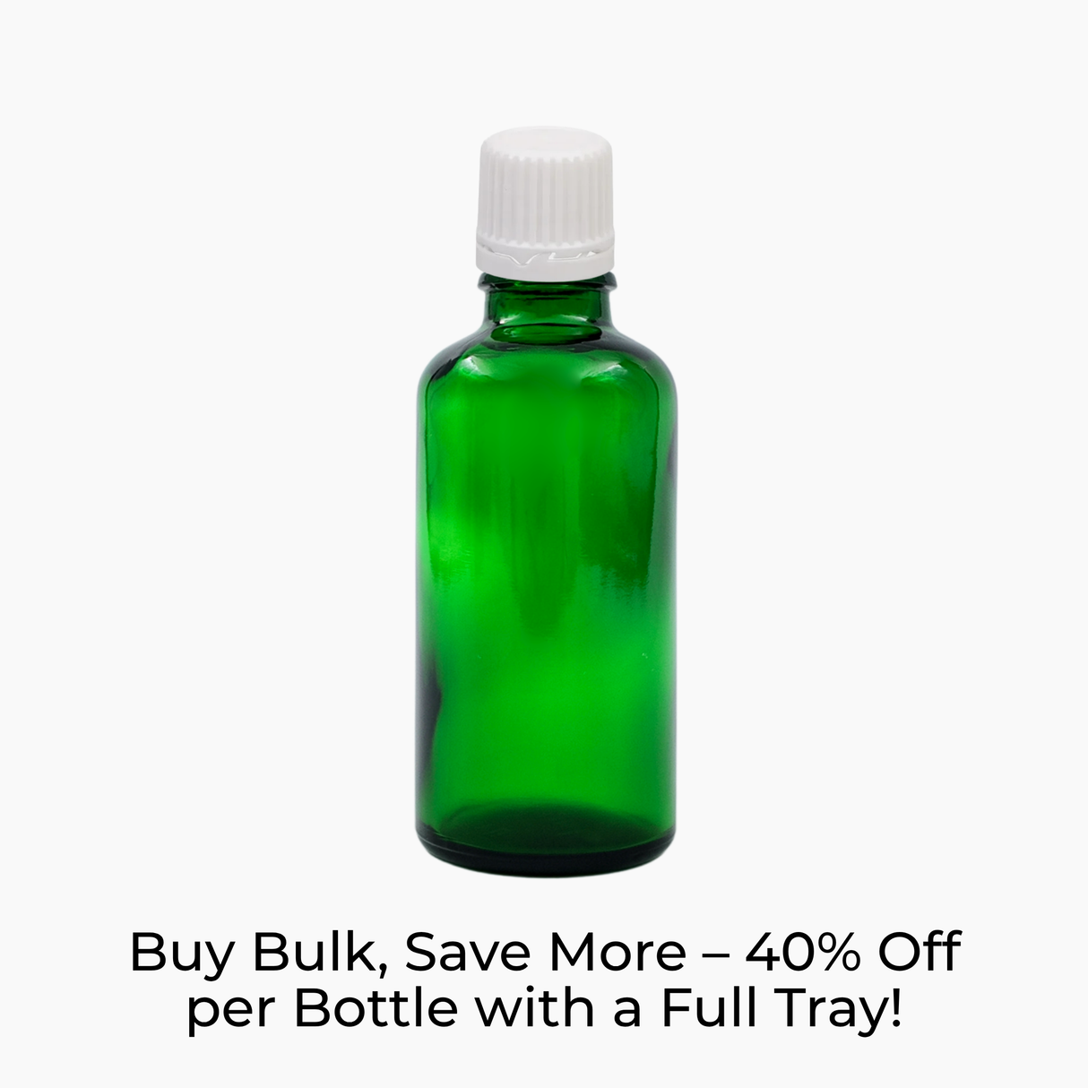Green 50ml glass bottle with white tamper-evident dropper cap on white background