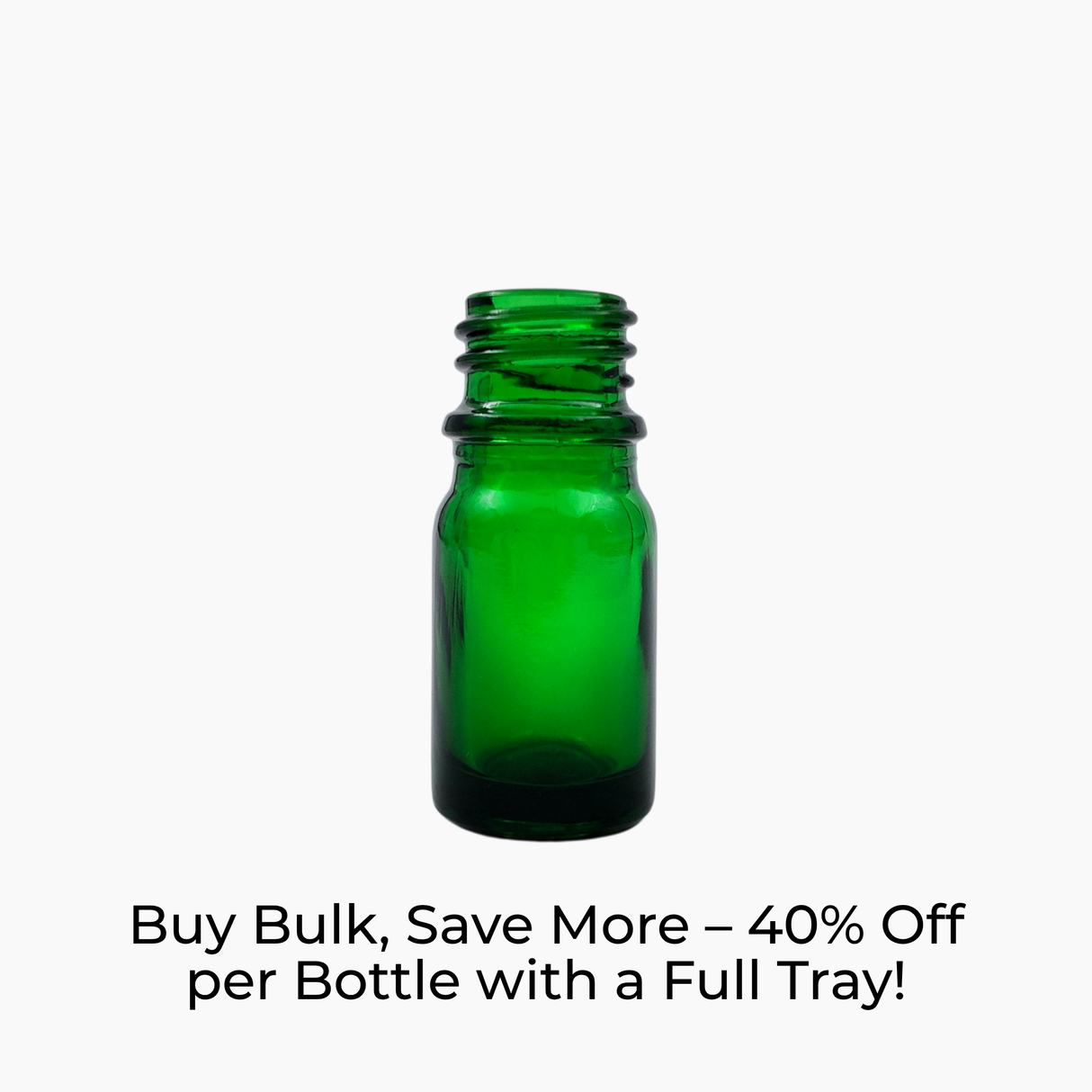 Green 5ml glass dropper bottle on white background with promotional text