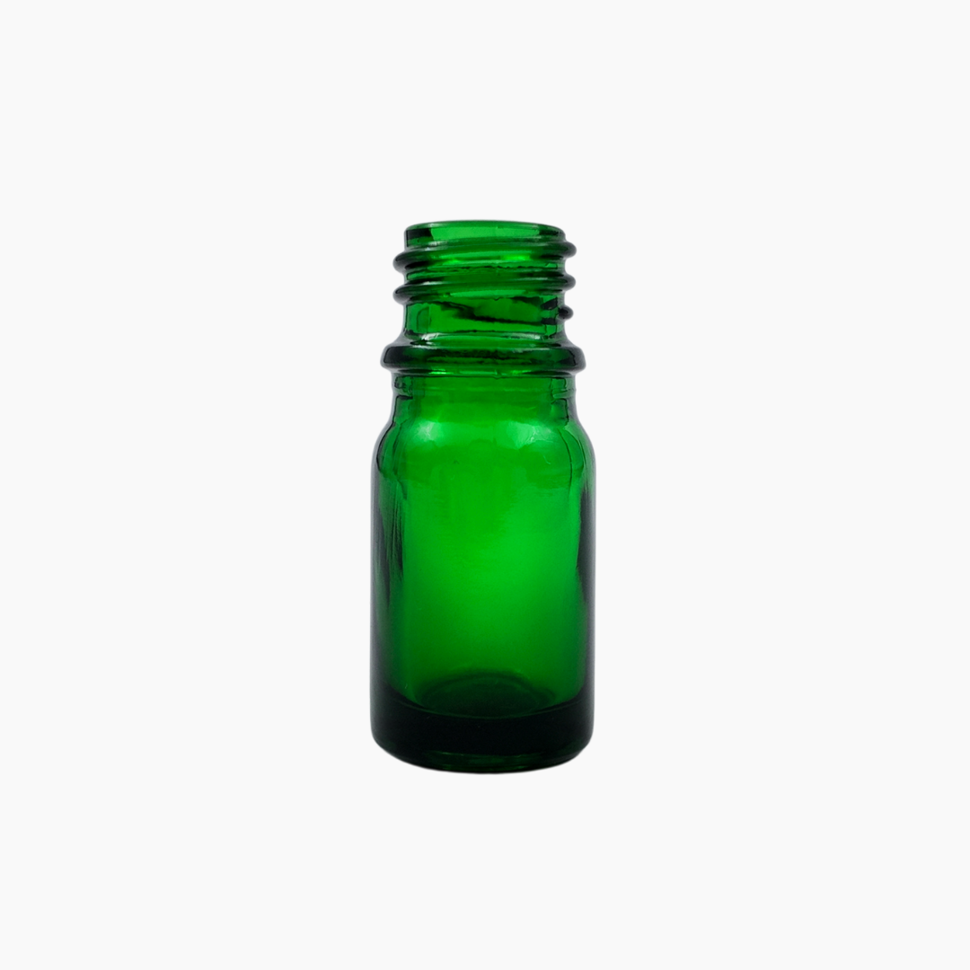 Green 5ml glass bottle standing upright on white background