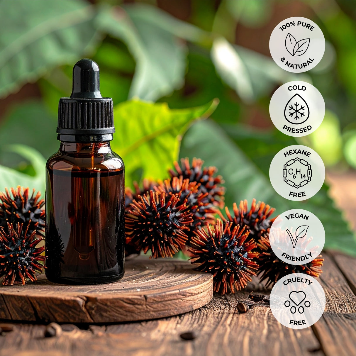 Brown glass dropper bottle with natural elements on a wooden surface, and product features.