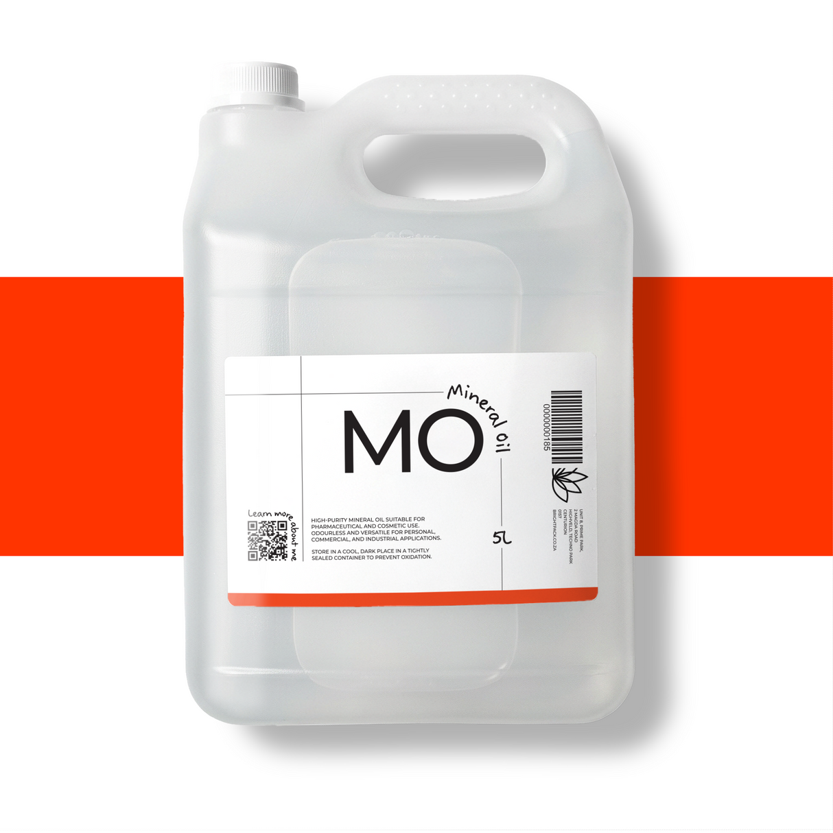 5L Pharmaceutical Grade Mineral Oil liquid, highly refined colourless oil used in cosmetics, skincare, and industrial applications for lubrication and hydration