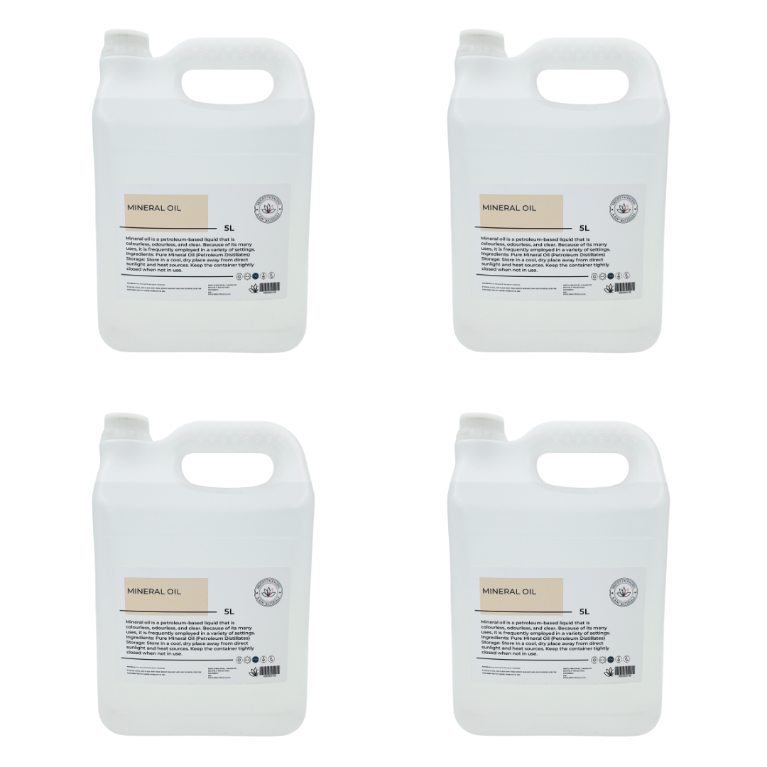 Four jerry can containers of 5L mineral oil on a white background, bulk pack of 4