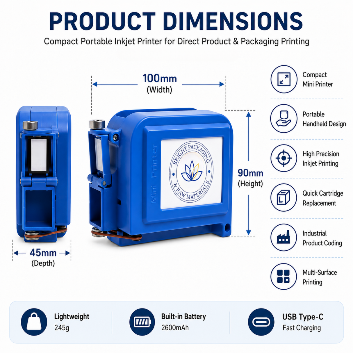 Compact portable inkjet printer with dimensions and features on a white background