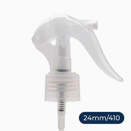 Clear spray nozzle with a white handle on a white background